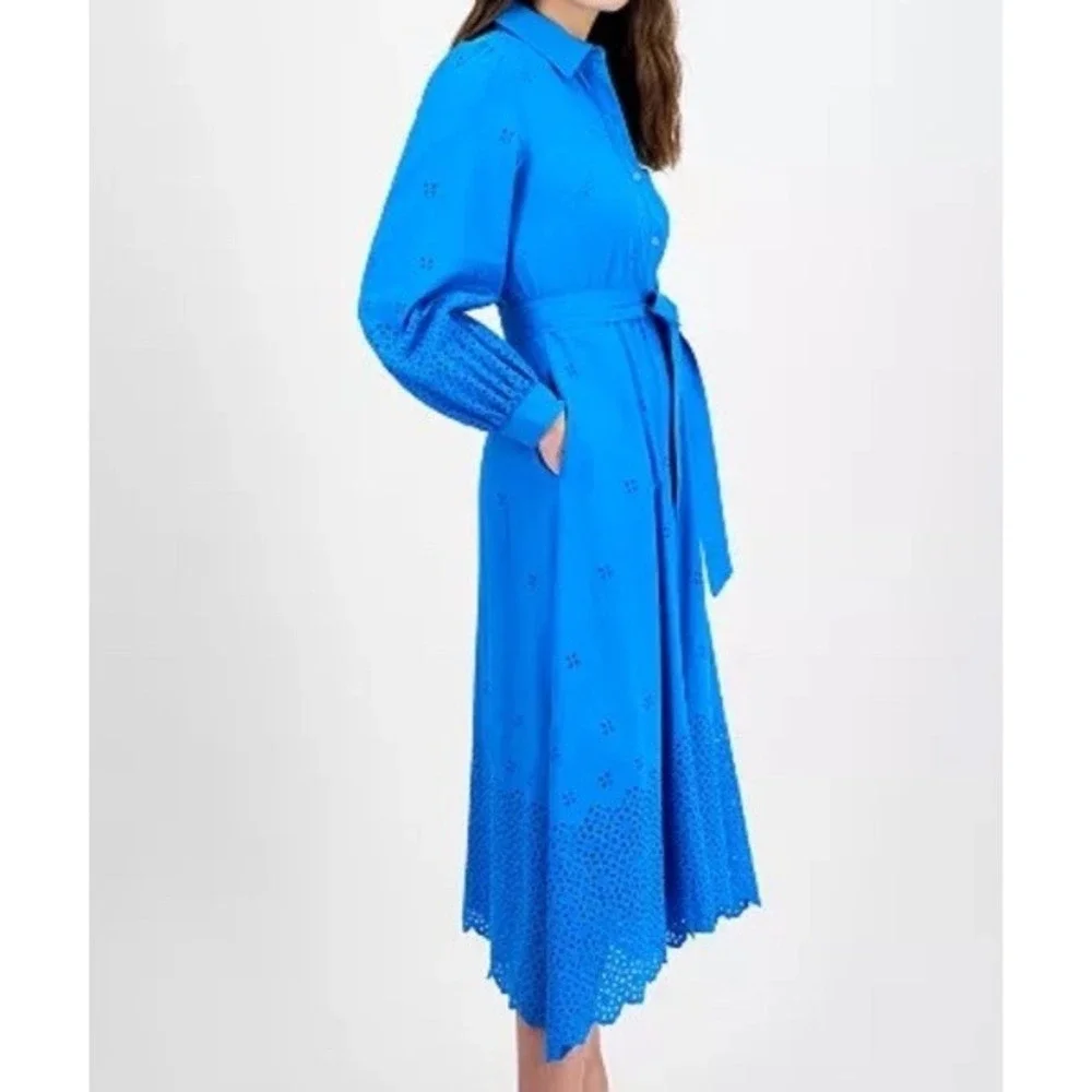 NWT Julia Jordan Women's Sz XL Long-Sleeve Layered Cotton Eyelet Midi Dress Blue